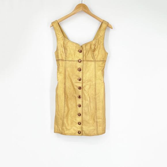 Free People Gold Leather Button-Up Cocktail Dress Size 4 NWT - Picture 2 of 6